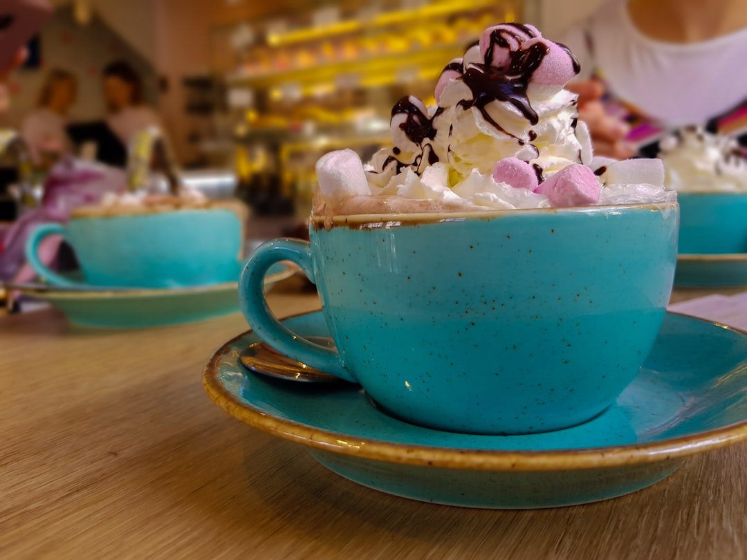 Bath, Somerset: blue ceramic mug full of marshmallow